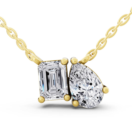 Yellow Gold Emerald Pear Two Stone Lab Grown Diamond Pendant