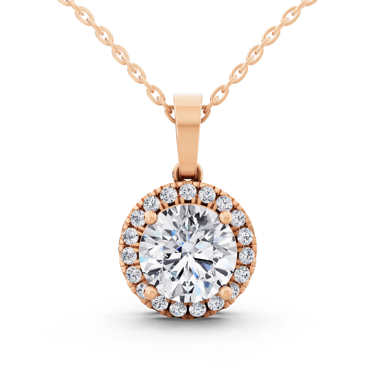 Rose Gold Classic Round Lab Grown Diamond Halo Pendant Style 2