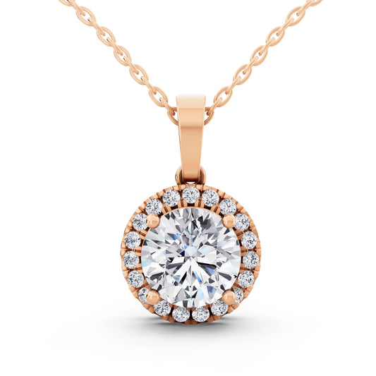 Rose Gold Classic Round Lab Grown Diamond Halo Pendant Style 2