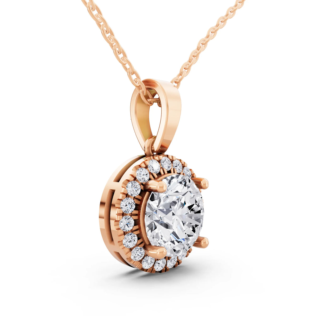 Rose Gold Classic Round Lab Grown Diamond Halo Pendant Style 2, view 3