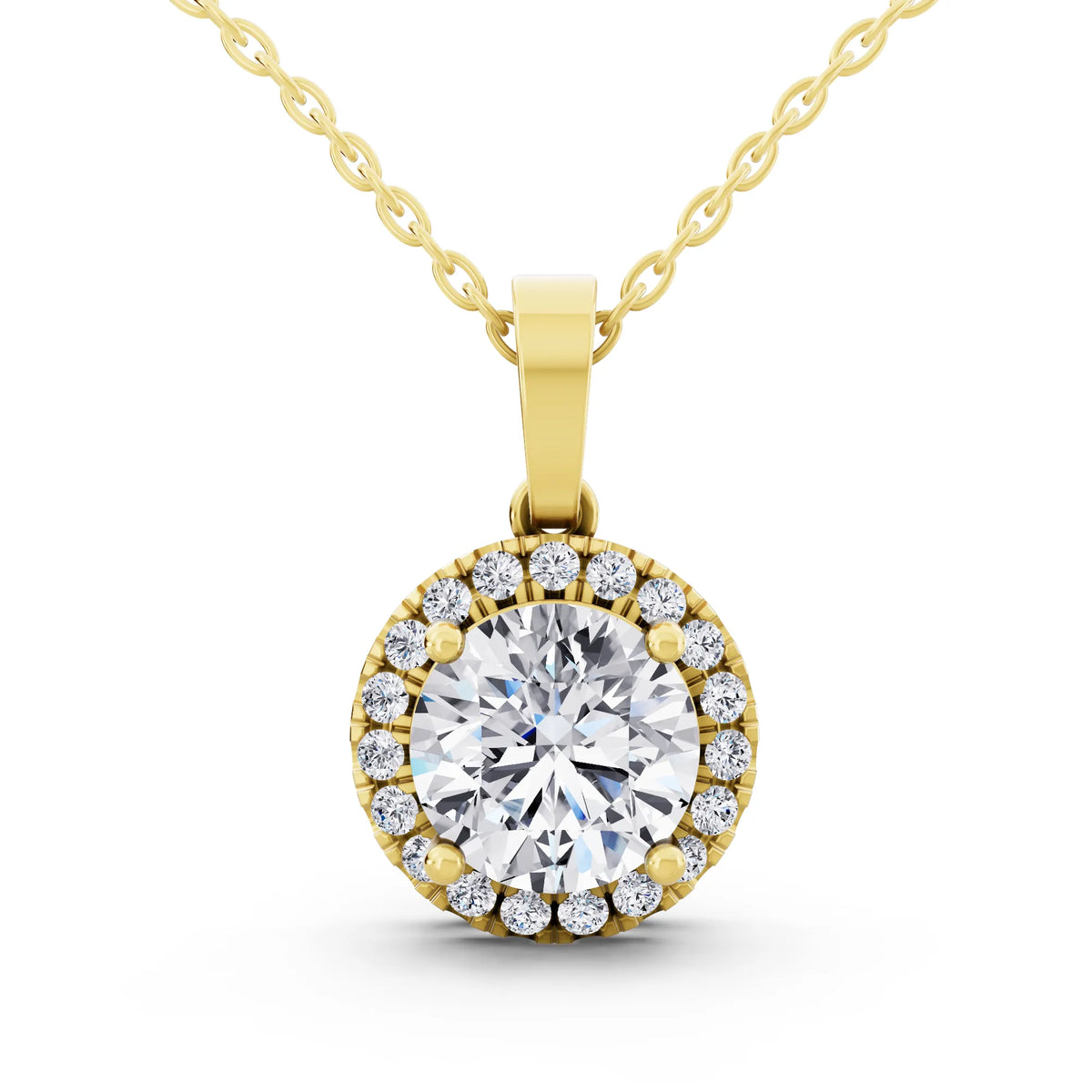 Yellow Gold Classic Round Lab Grown Diamond Halo Pendant Style 2