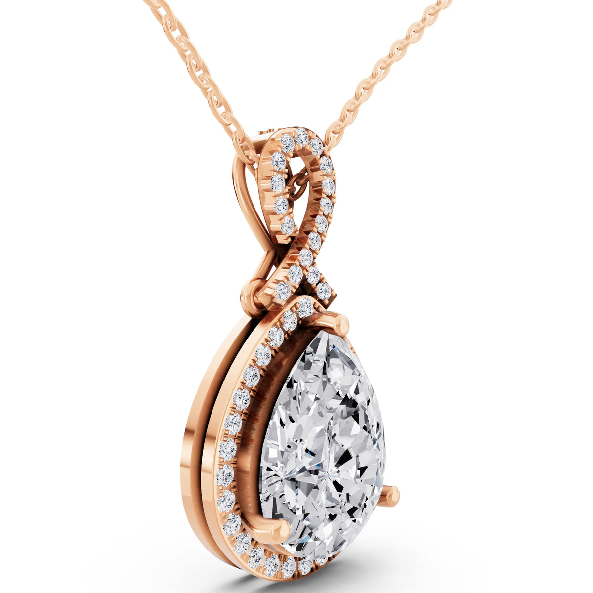 Rose Gold Pear Lab Grown Diamond Halo Infinity Bail Pendant, view 2