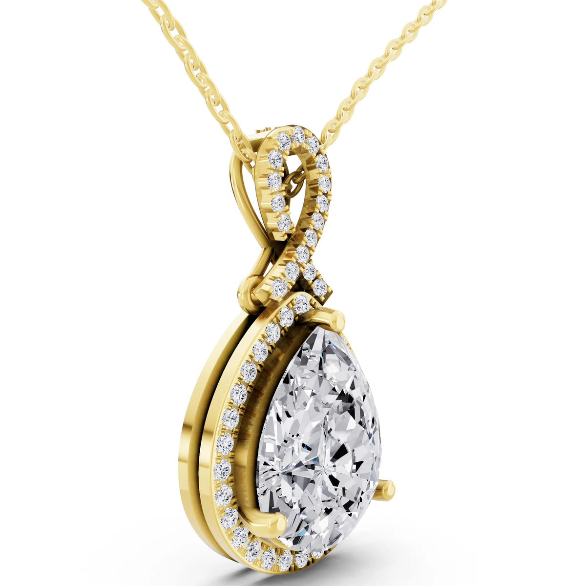 Yellow Gold Pear Lab Grown Diamond Halo Infinity Bail Pendant, view 4