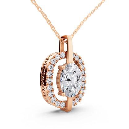 Rose Gold Oval Lab Grown Diamond Halo Vertical Bail Pendant, view 4