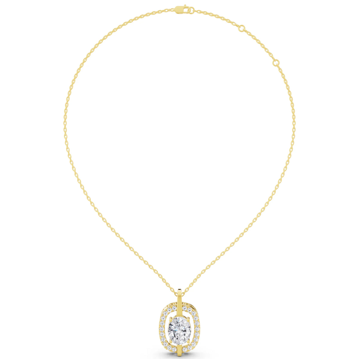 Yellow Gold Oval Lab Grown Diamond Halo Vertical Bail Pendant, view 6