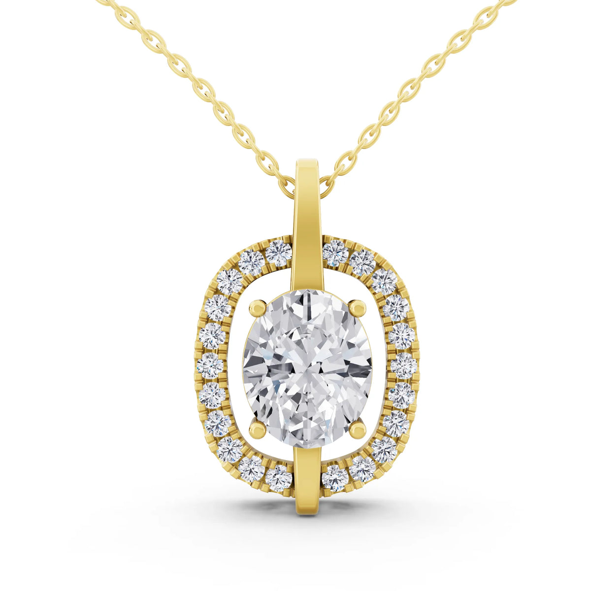 Yellow Gold Oval Lab Grown Diamond Halo Vertical Bail Pendant