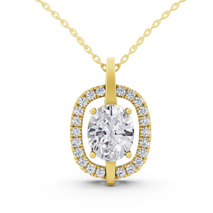 Yellow Gold Oval Lab Grown Diamond Halo Vertical Bail Pendant