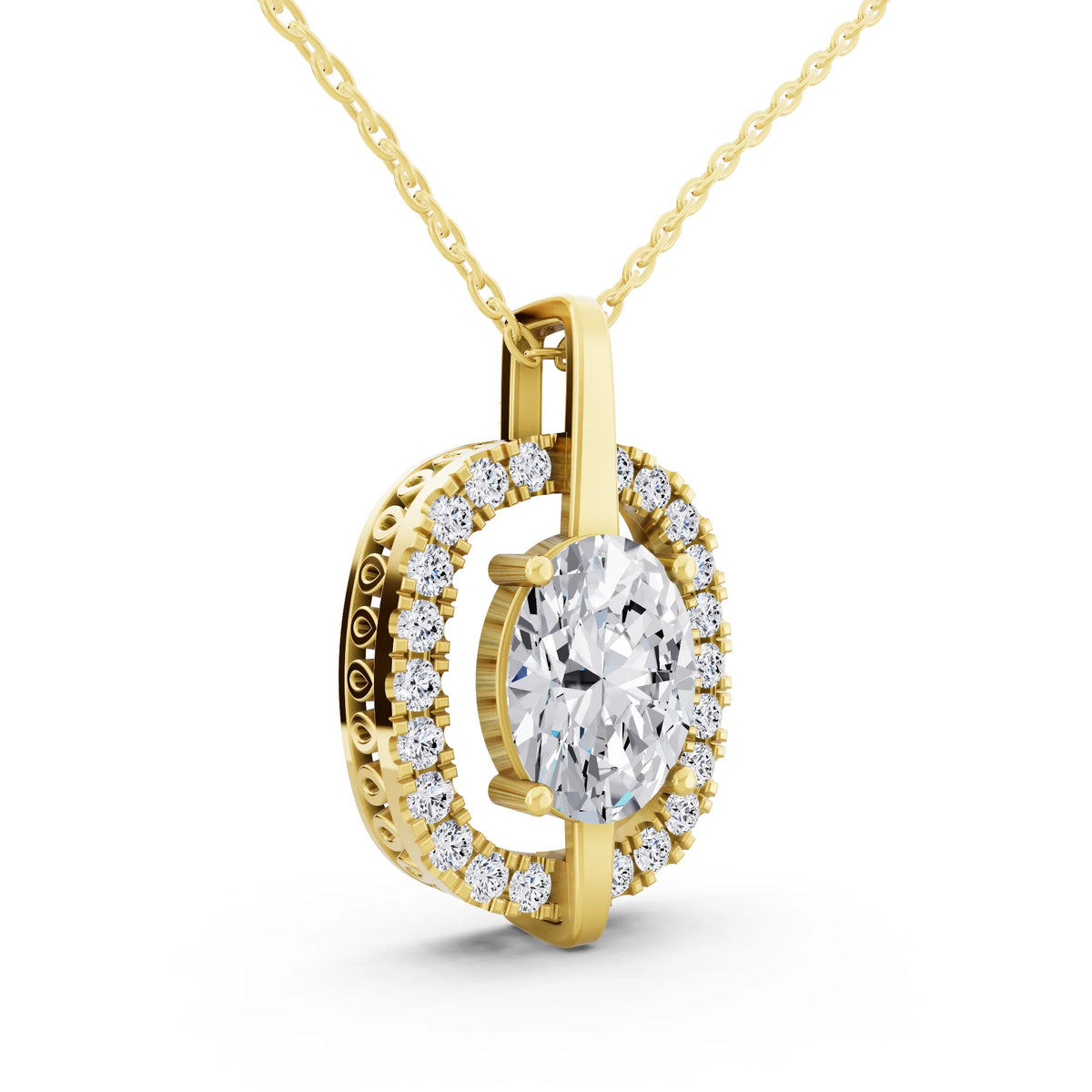 Yellow Gold Oval Lab Grown Diamond Halo Vertical Bail Pendant, view 4