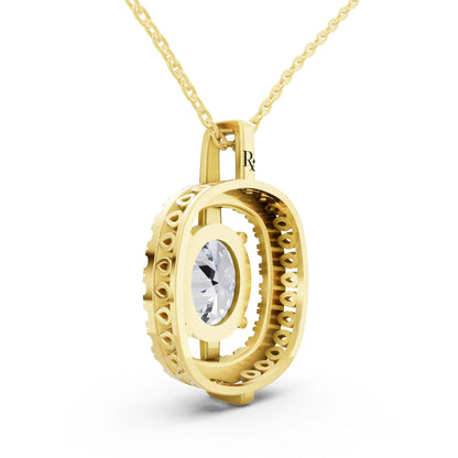 Yellow Gold Oval Lab Grown Diamond Halo Vertical Bail Pendant, view 5