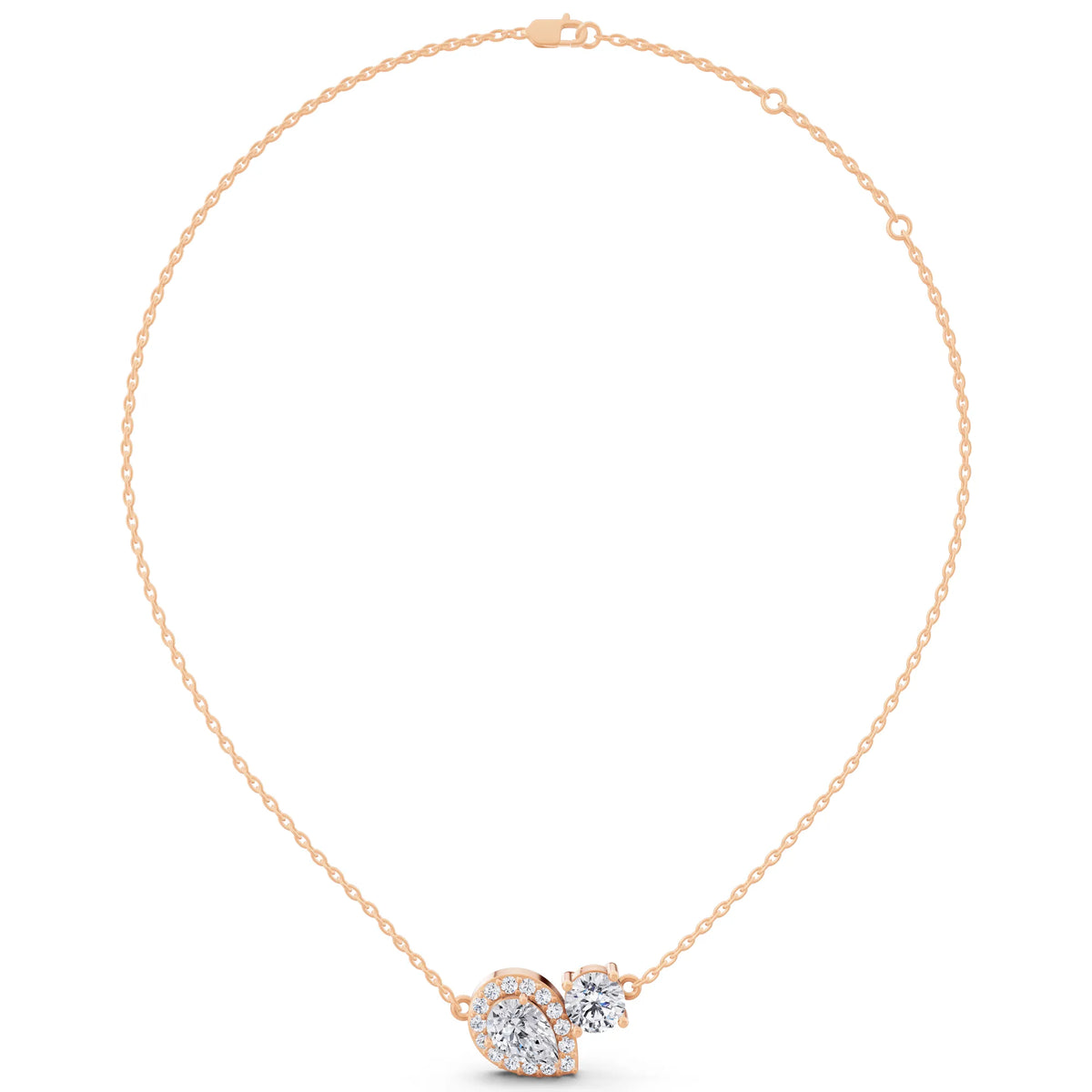 Rose Gold Pear Halo Round Two Stone Lab Grown Diamond Pendant, view 5