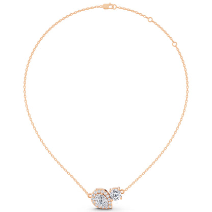 Rose Gold Pear Halo Round Two Stone Lab Grown Diamond Pendant, view 5
