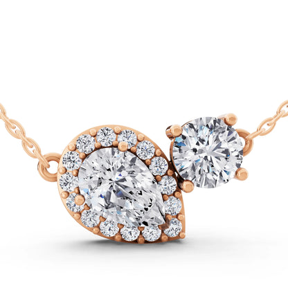 Rose Gold Pear Halo Round Two Stone Lab Grown Diamond Pendant