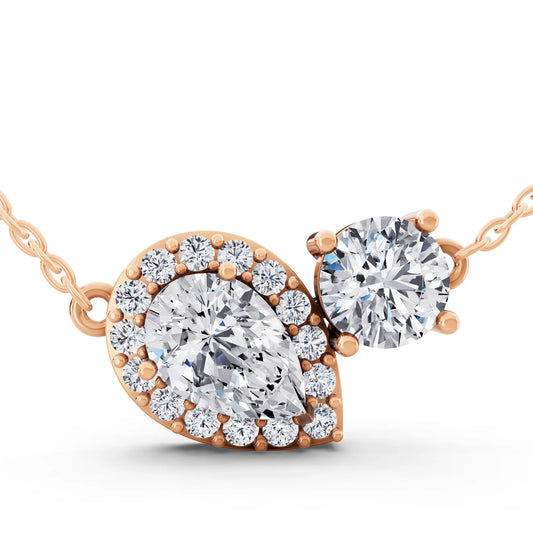 Rose Gold Pear Halo Round Two Stone Lab Grown Diamond Pendant