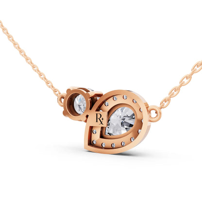 Rose Gold Pear Halo Round Two Stone Lab Grown Diamond Pendant, view 4