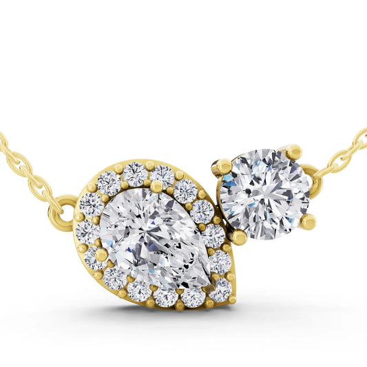 Yellow Gold Pear Halo Round Two Stone Lab Grown Diamond Pendant