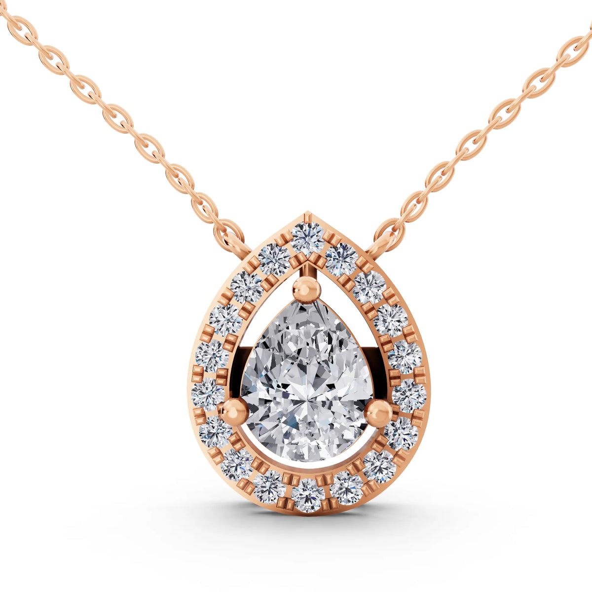Rose Gold Pear Lab Grown Diamond Delicate Halo Pendant