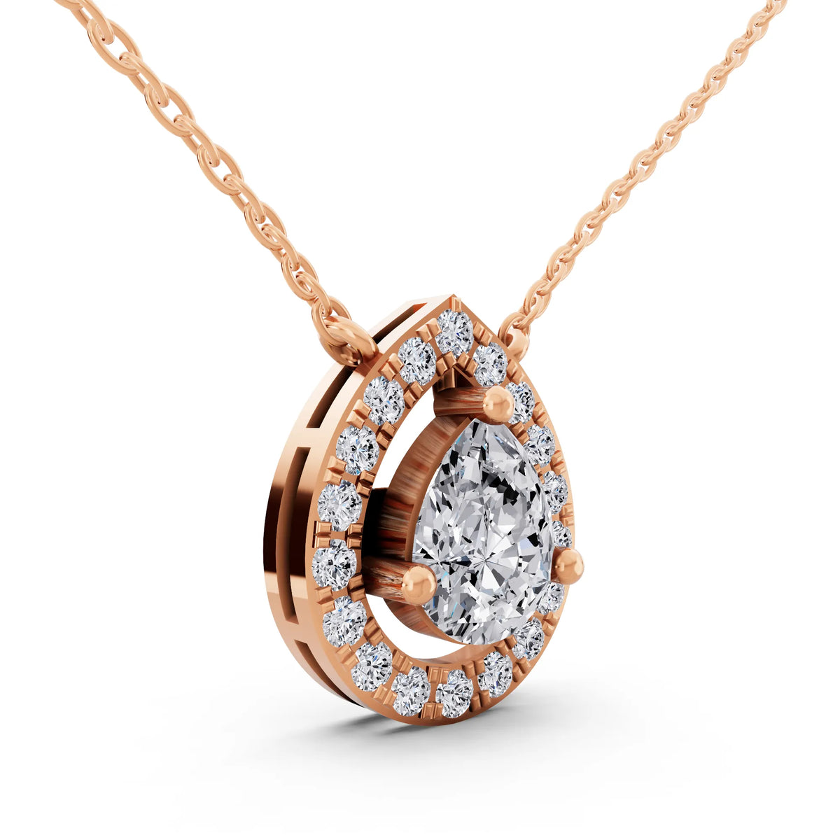Rose Gold Pear Lab Grown Diamond Delicate Halo Pendant, view 4