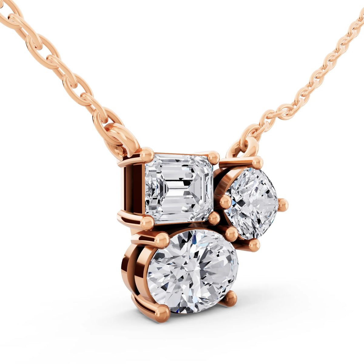 Rose Gold Emerald Round Oval Cluster Lab Grown Diamond Pendant, view 3