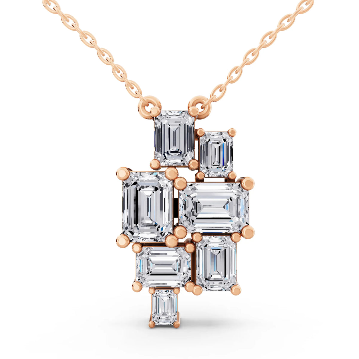 Rose Gold Seven Stone Emerald Lab Grown Diamond Cluster Pendant