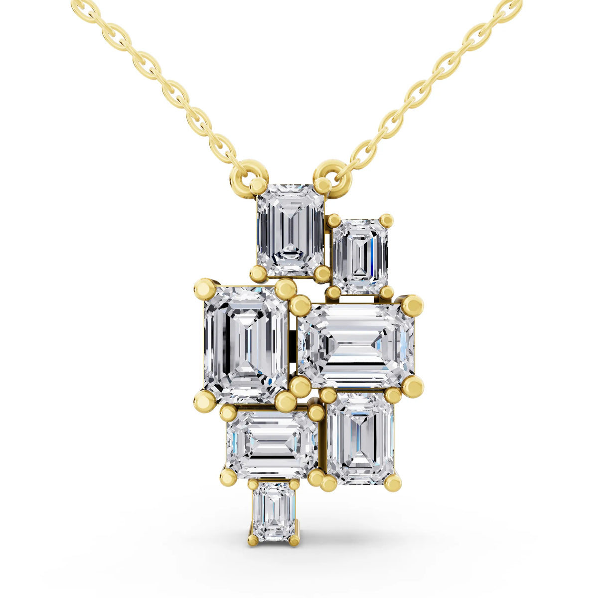 Yellow Gold Seven Stone Emerald Lab Grown Diamond Cluster Pendant