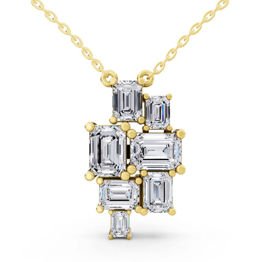 Yellow Gold Seven Stone Emerald Lab Grown Diamond Cluster Pendant
