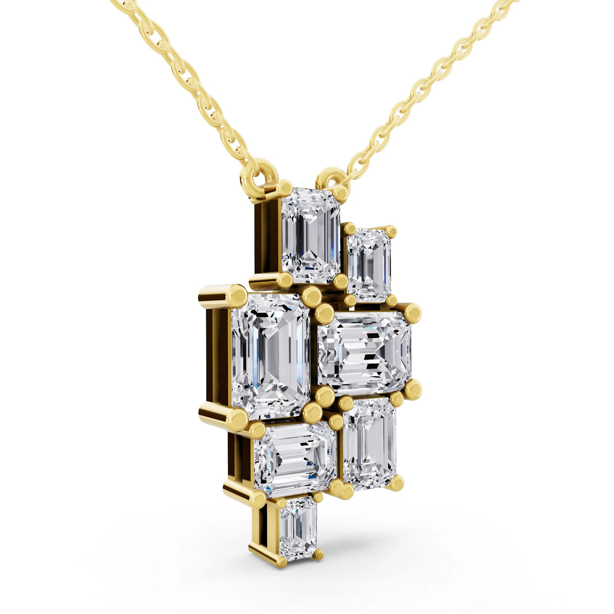 Yellow Gold Seven Stone Emerald Lab Grown Diamond Cluster Pendant, view 3