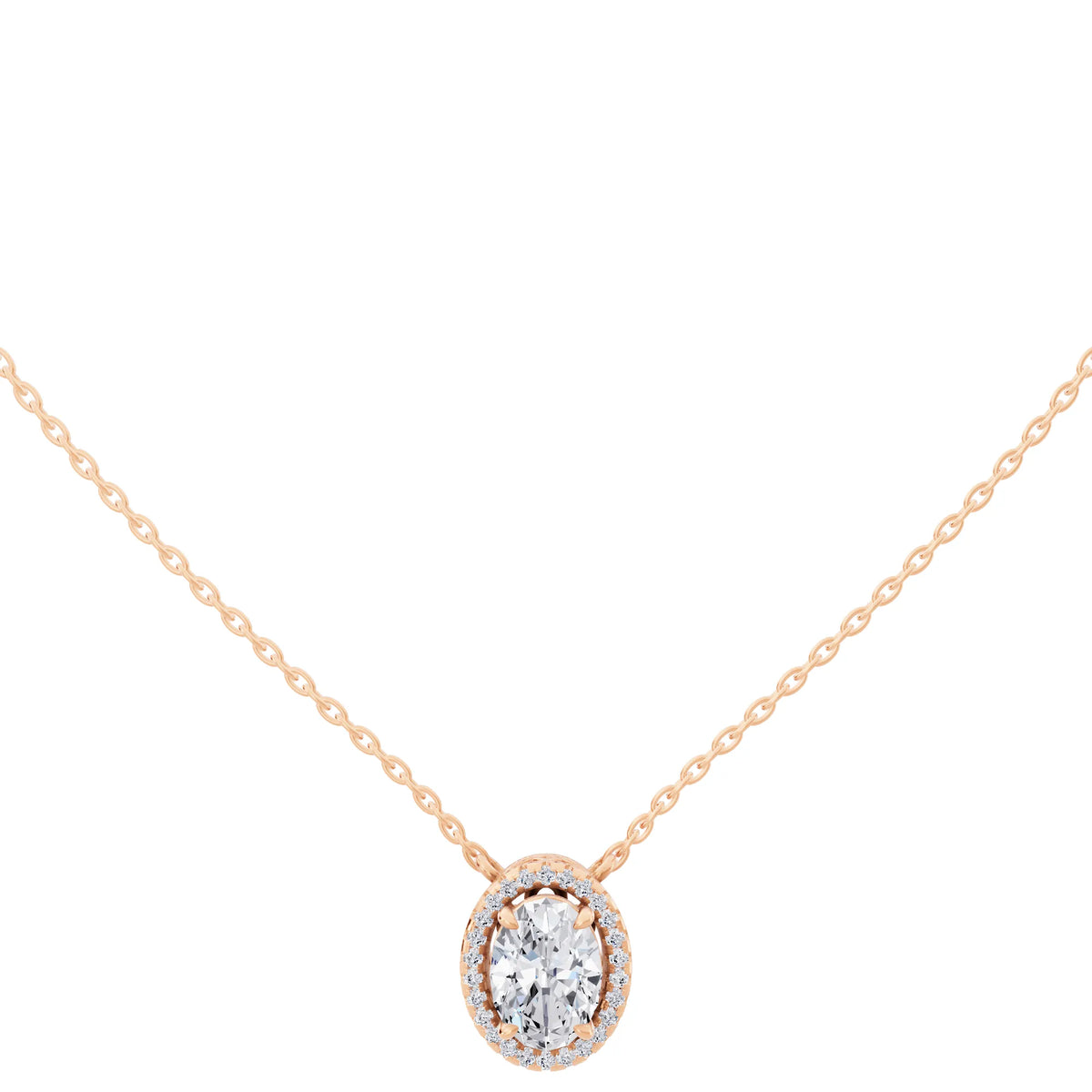 Rose Gold Oval Lab Grown Diamond Halo Pendant, view 4