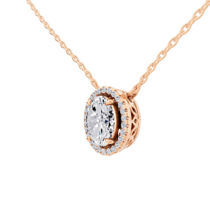 Rose Gold Oval Lab Grown Diamond Halo Pendant, view 3