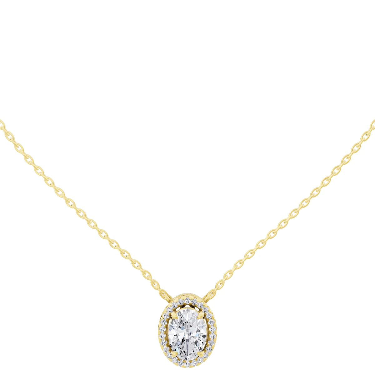 Yellow Gold Oval Lab Grown Diamond Halo Pendant, view 4