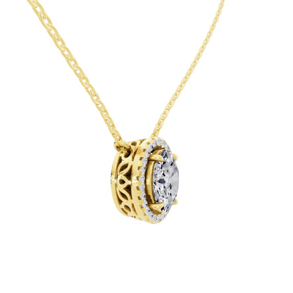 Yellow Gold Oval Lab Grown Diamond Halo Pendant, view 2