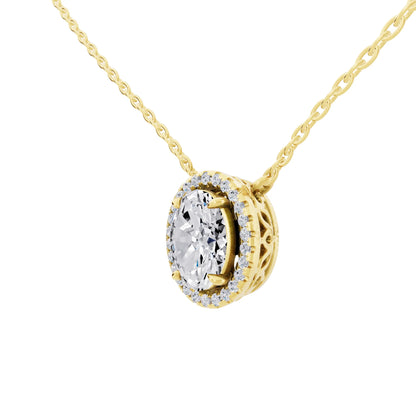 Yellow Gold Oval Lab Grown Diamond Halo Pendant, view 3