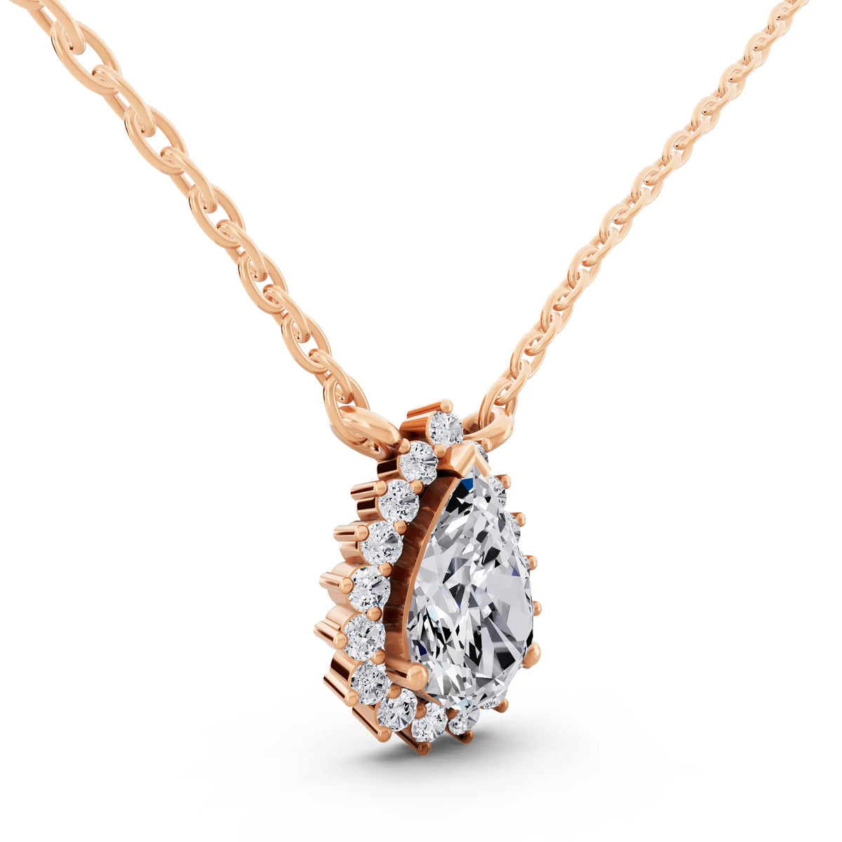 Rose Gold Pear Lab Grown Diamond Sparkling Halo Pendant, view 4