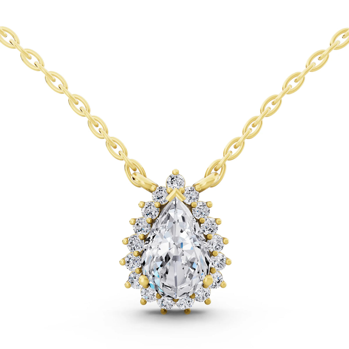 Yellow Gold Pear Lab Grown Diamond Sparkling Halo Pendant