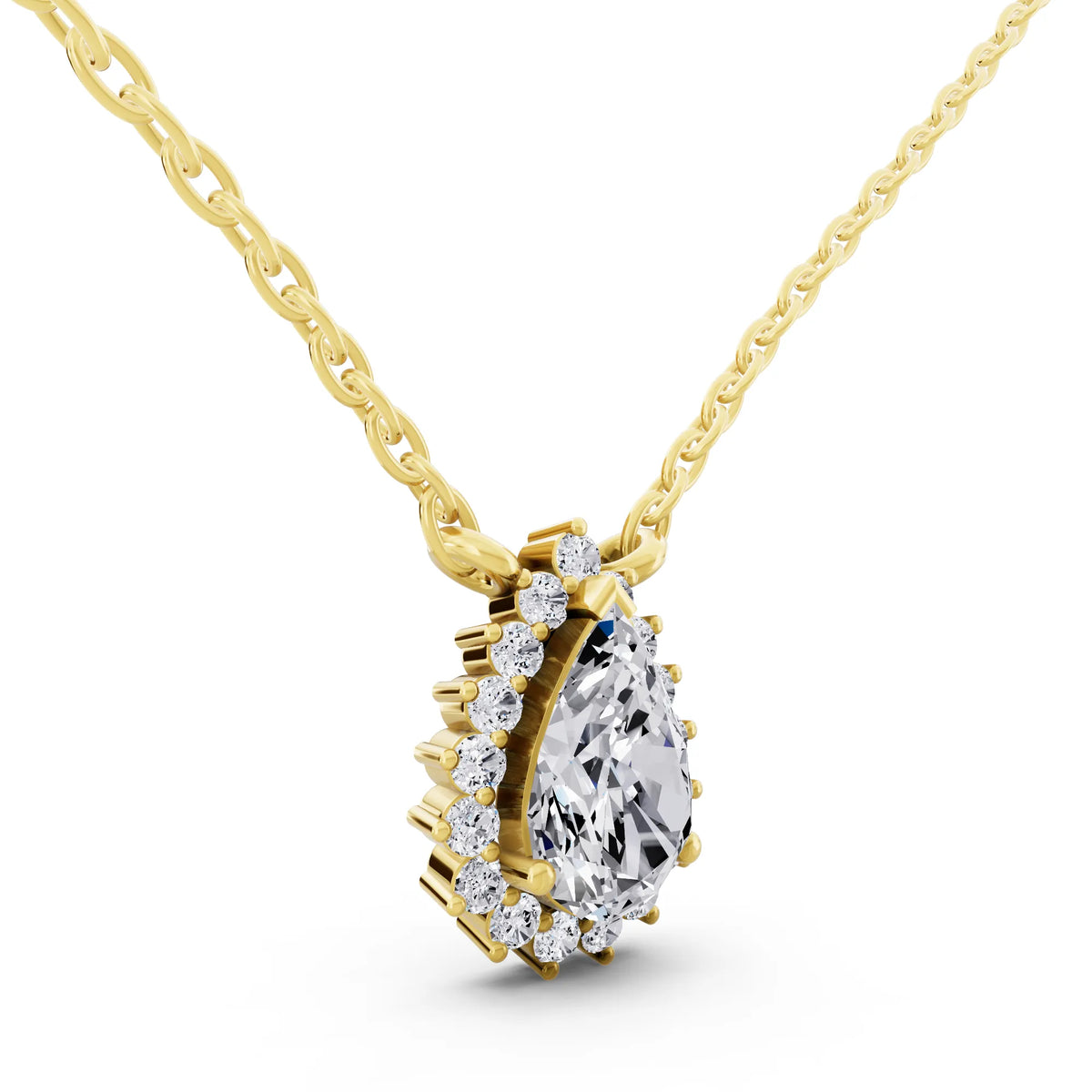 Yellow Gold Pear Lab Grown Diamond Sparkling Halo Pendant, view 4