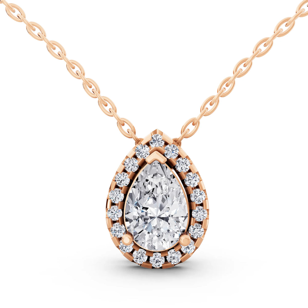 Rose Gold Pear Lab Grown Diamond Structured Halo Pendant