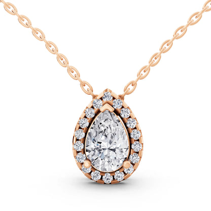 Rose Gold Pear Lab Grown Diamond Structured Halo Pendant