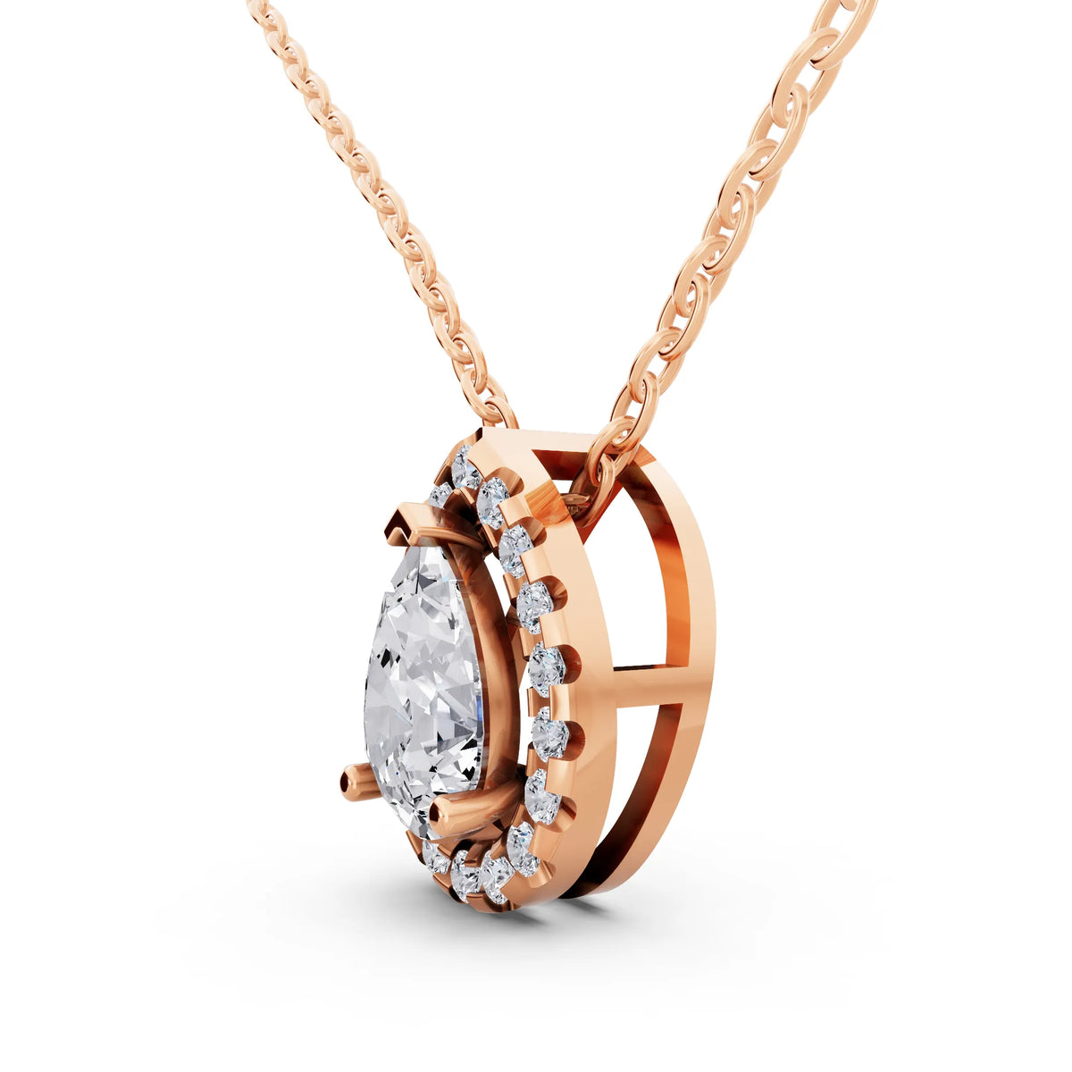 Rose Gold Pear Lab Grown Diamond Structured Halo Pendant, view 4