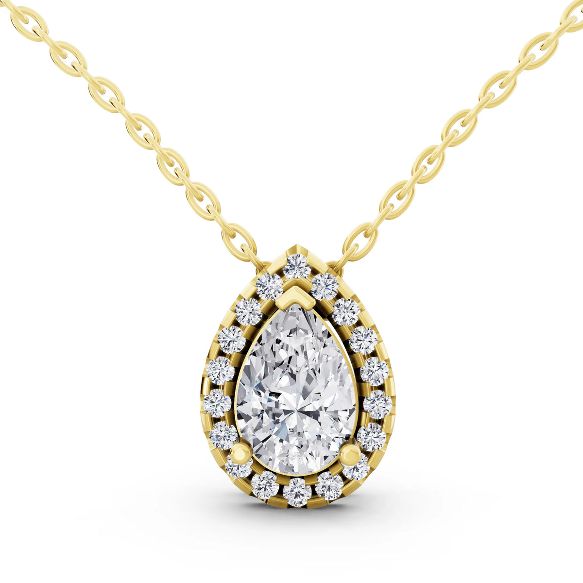 Yellow Gold Pear Lab Grown Diamond Structured Halo Pendant