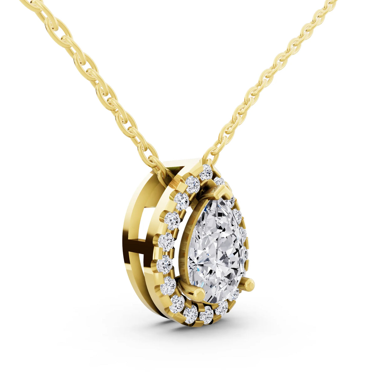 Yellow Gold Pear Lab Grown Diamond Structured Halo Pendant, view 3