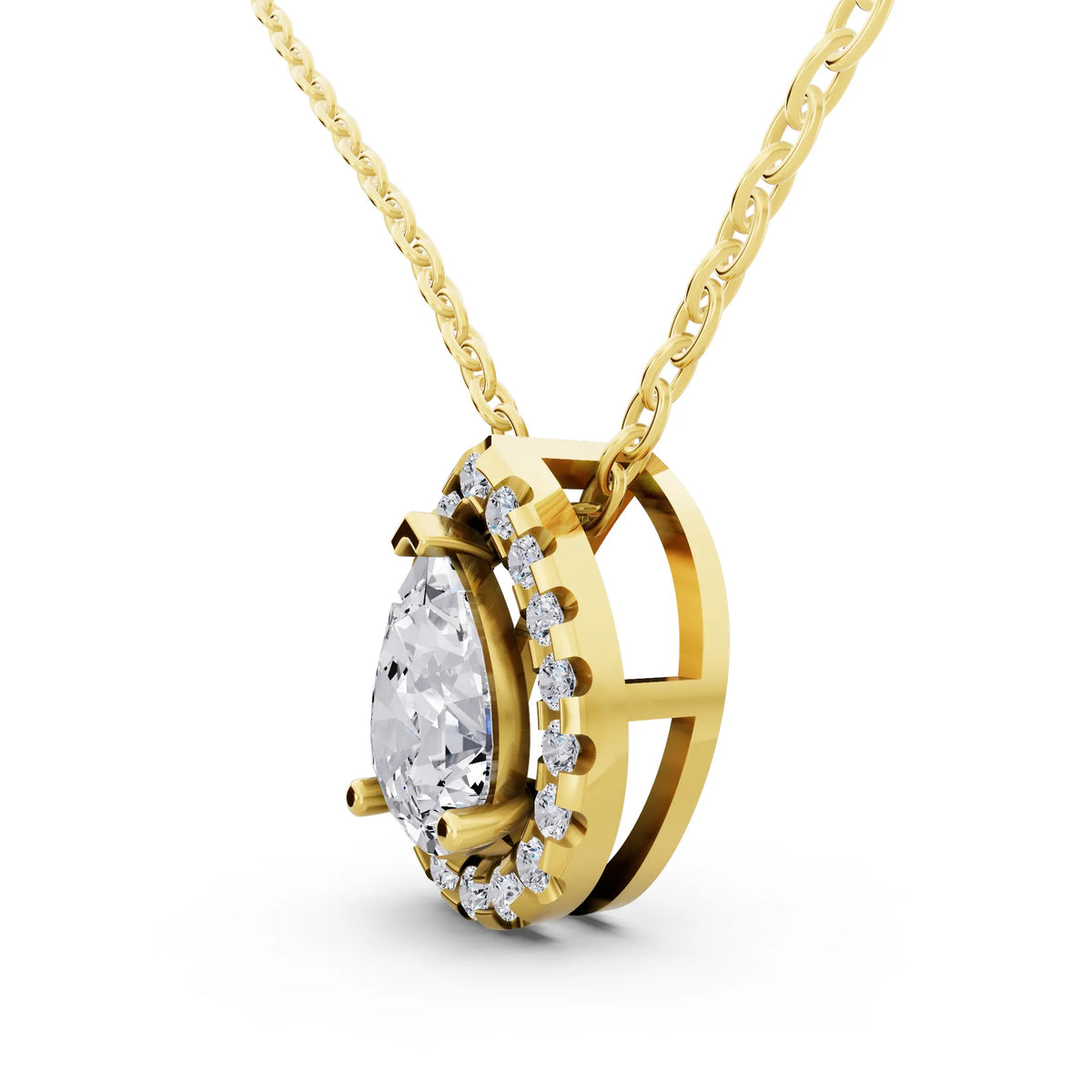 Yellow Gold Pear Lab Grown Diamond Structured Halo Pendant, view 4