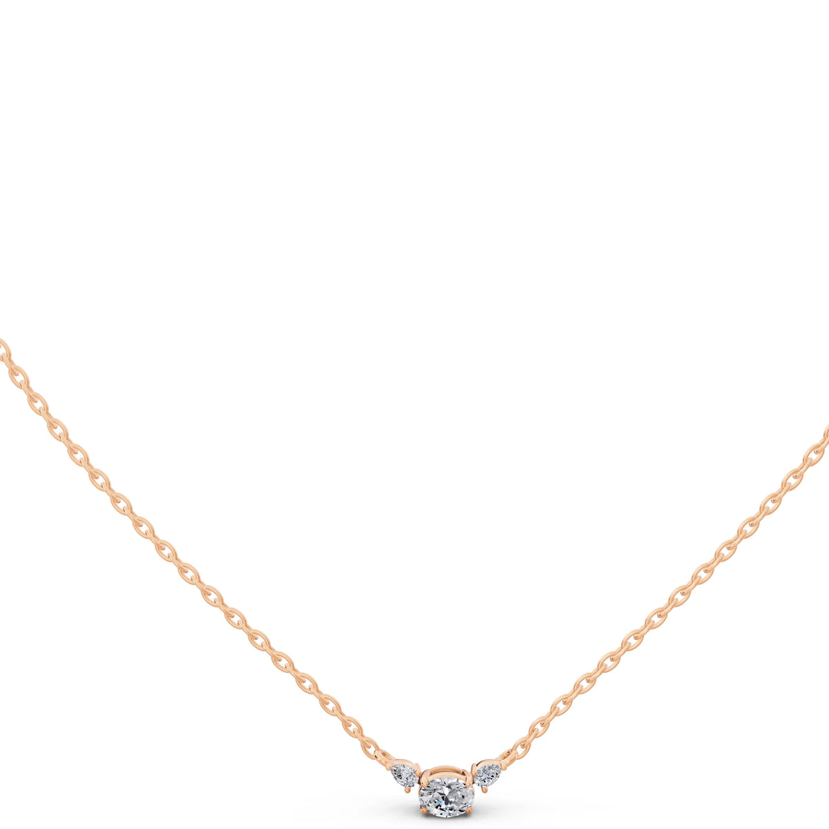 Rose Gold Oval Pear Three Stone Lab Grown Diamond Pendant, view 5