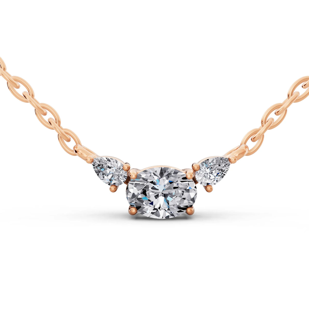 Rose Gold Oval Pear Three Stone Lab Grown Diamond Pendant