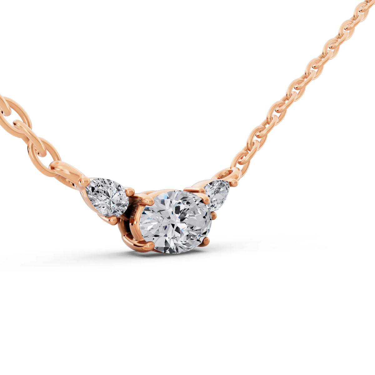 Rose Gold Oval Pear Three Stone Lab Grown Diamond Pendant, view 3