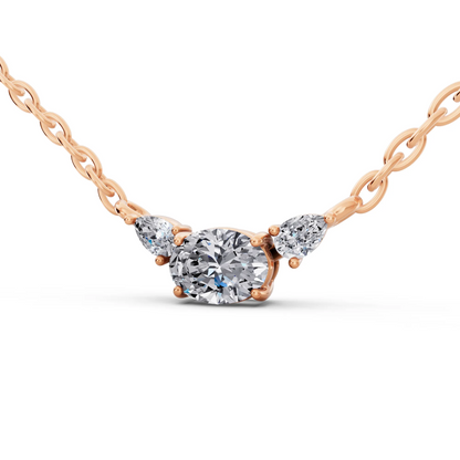 Rose Gold Oval Pear Three Stone Lab Grown Diamond Pendant, view 4