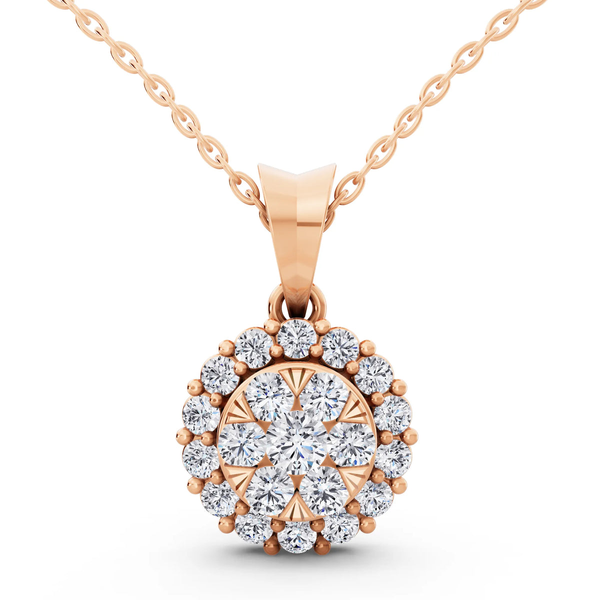 Rose Gold Round Lab Grown Diamond Cluster Halo Pendant