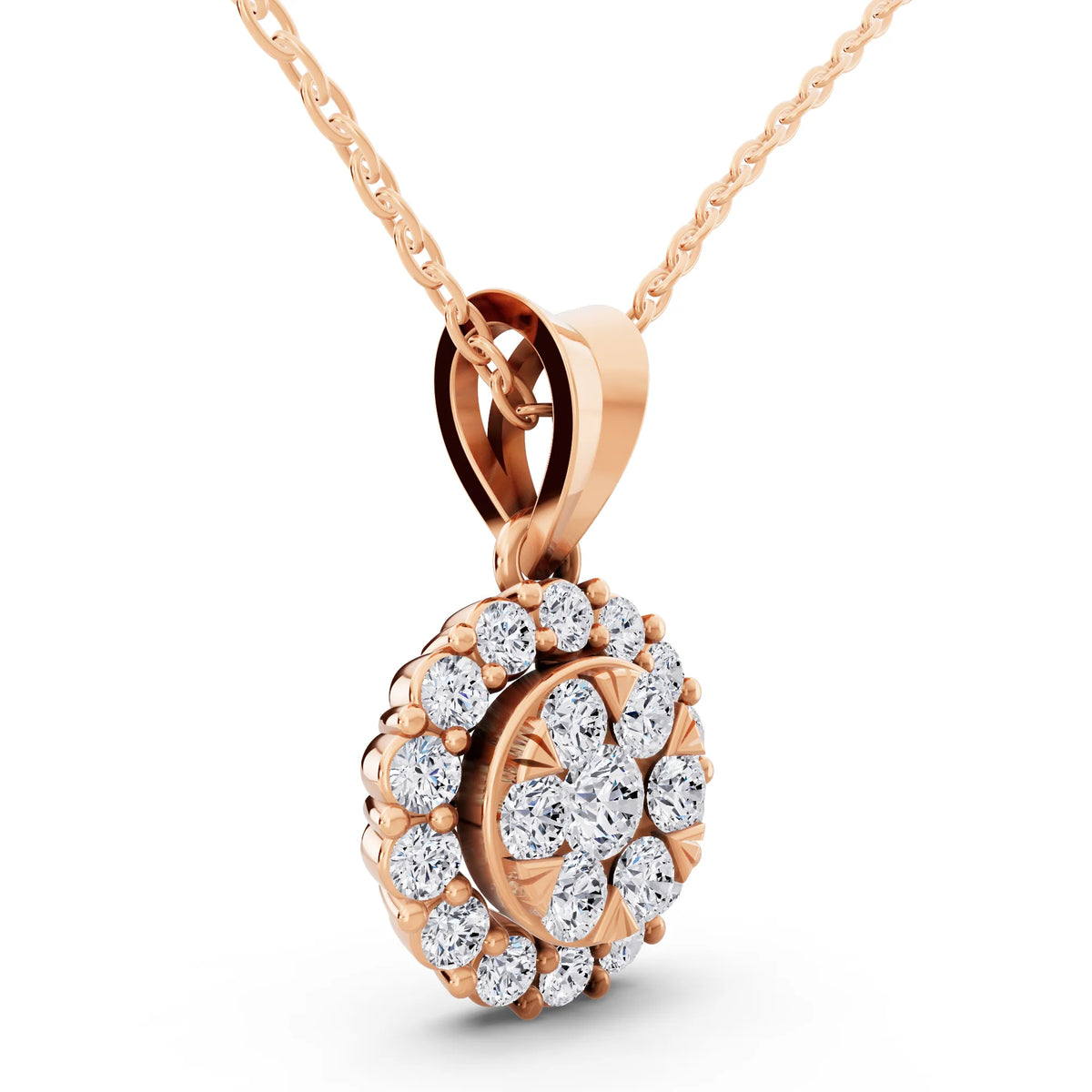 Rose Gold Round Lab Grown Diamond Cluster Halo Pendant, view 4