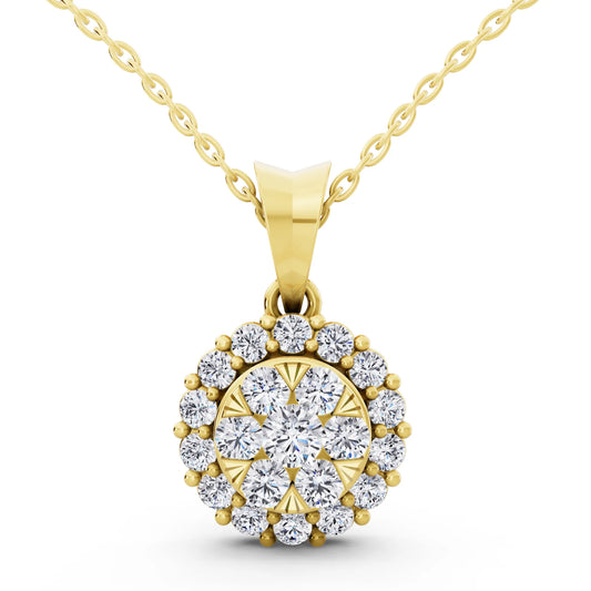 Yellow Gold Round Lab Grown Diamond Cluster Halo Pendant