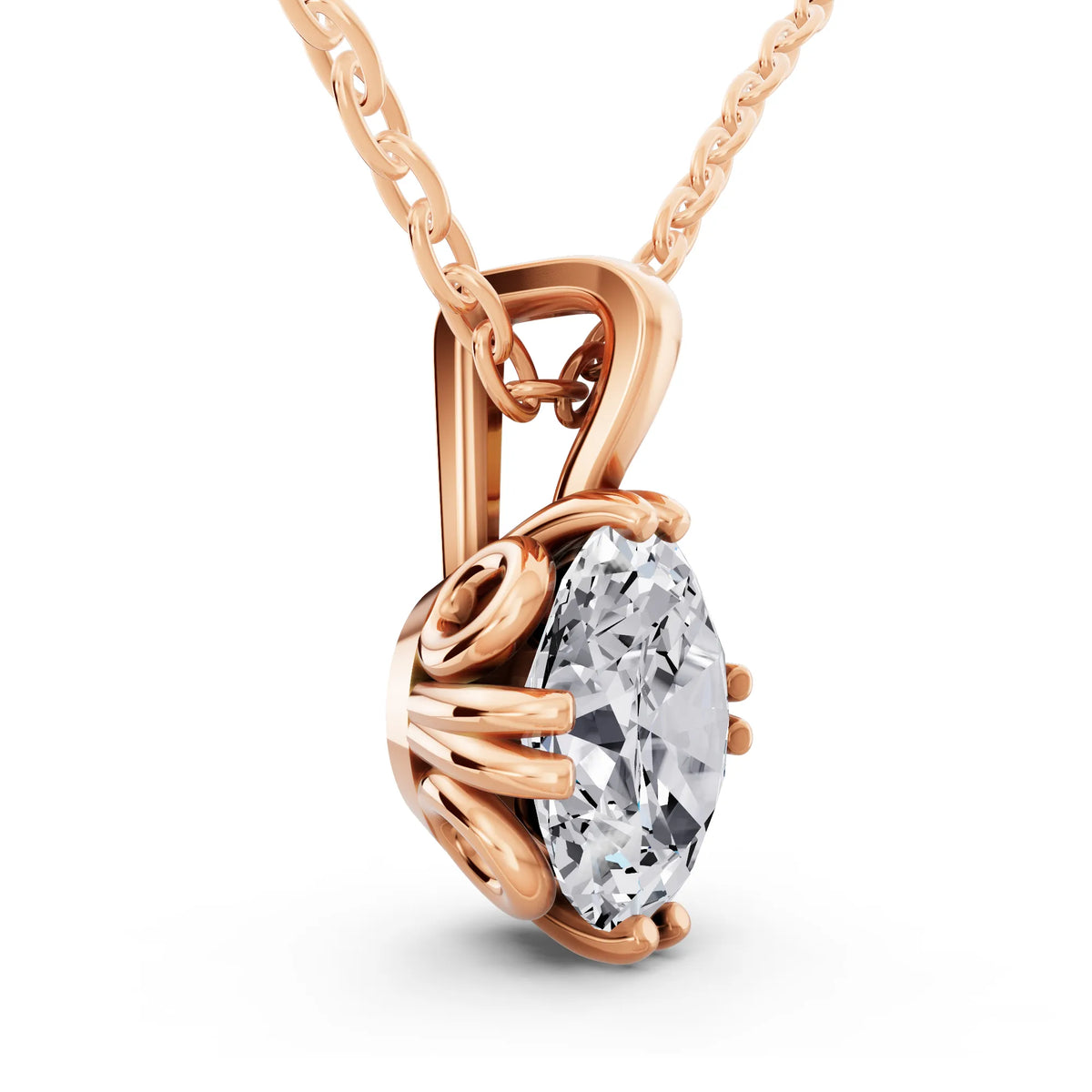 Rose Gold Oval Lab Grown Diamond Decorative Prong Pendant, view 2