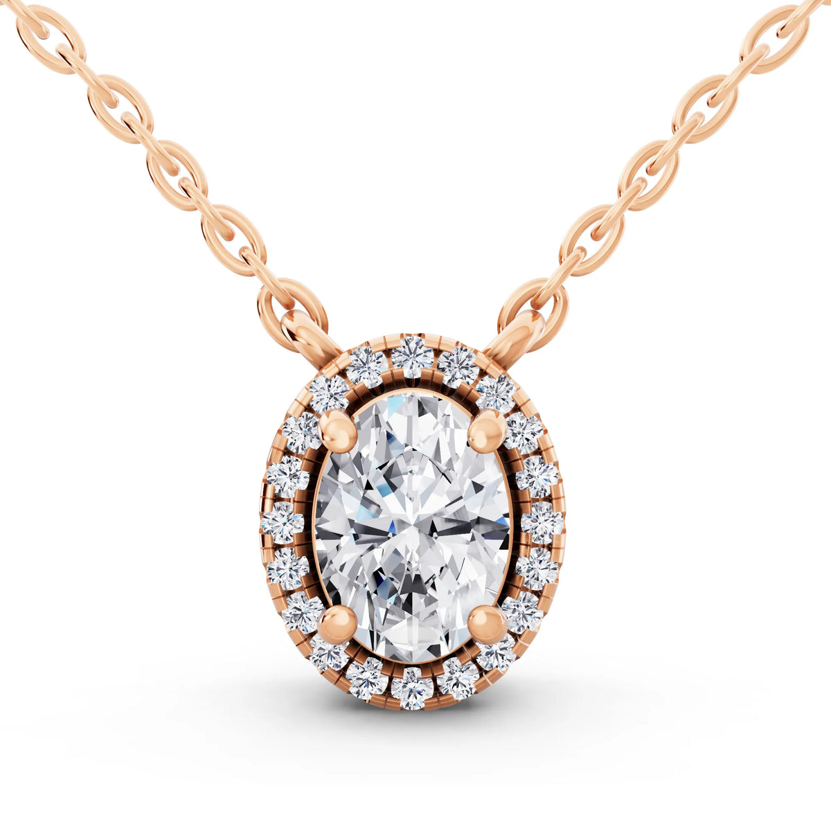 Rose Gold Oval Lab Grown Diamond Accent Halo Pendant