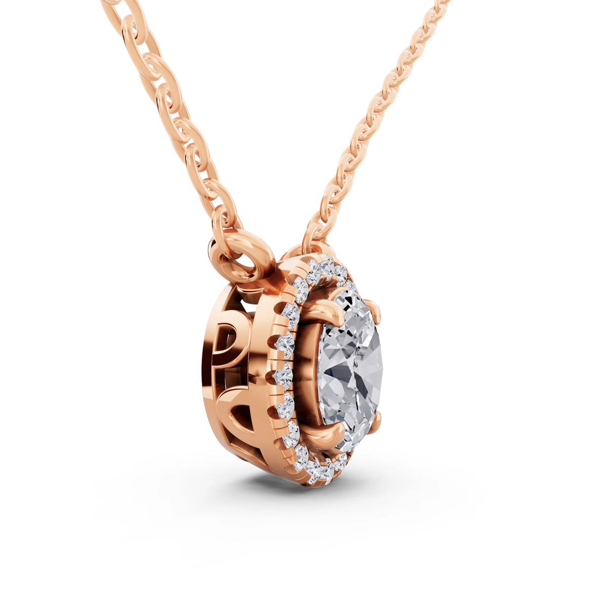 Rose Gold Oval Lab Grown Diamond Accent Halo Pendant, view 4